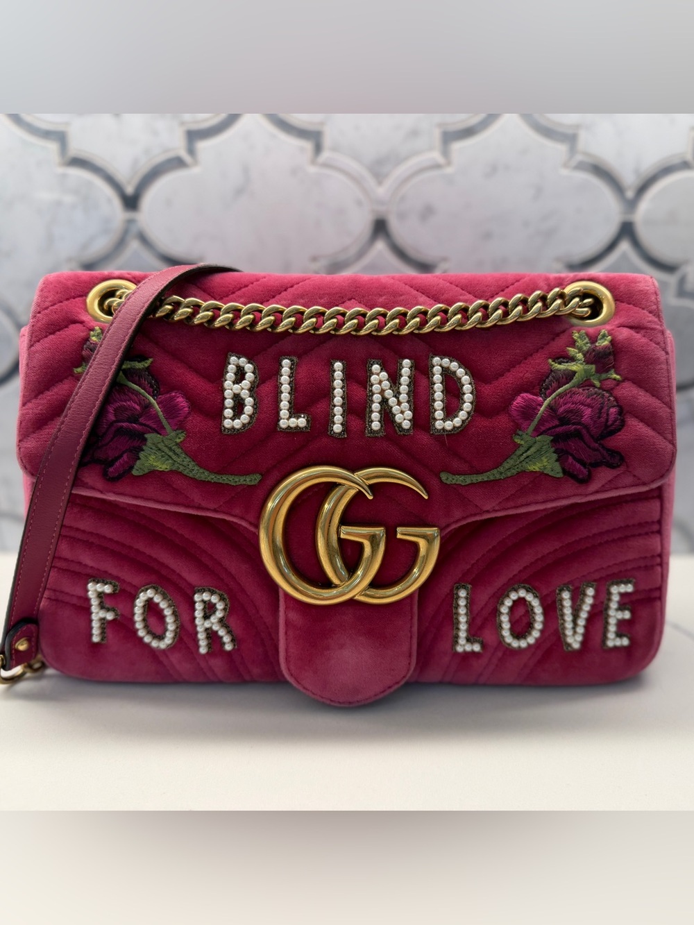 Gucci Pink Velour Large GG Marmont Shoulder Bag with Embellishment